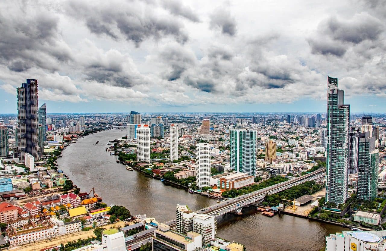 An aerial view of the Chao Phraya curving through Bangkok